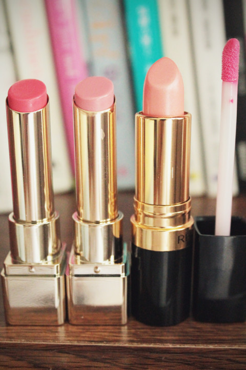 lip sticks L'oreal Colour Caresse in Sunset Angora, L'oreal Colour Caresse in Merino Mauve, Revlon Super Lustrous Lipstick in Sky City Pink, and Revlon Super Lustrous Lip Gloss in Pink Pop
