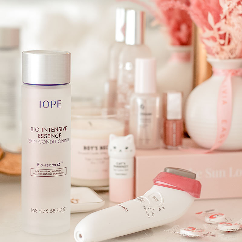 IOPE Bio Intensive Essence
Skin Conditioning on a vanity with compressed masks and the Panasonic ionic tool