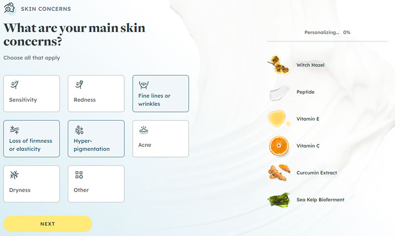 Вопросы теста Proven Personalized Skincare Quiz